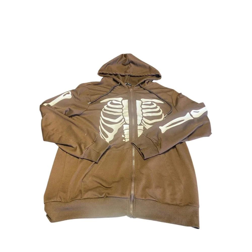 ROMWE Brown Skeleton Rib Cage Zip Up Hoodie Jacket Long Sleeve‎ Size M
